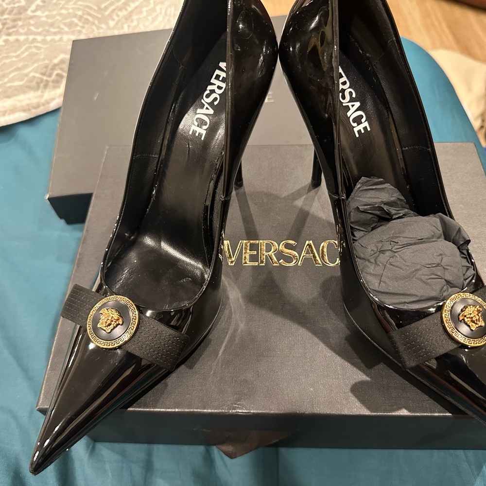 Versace Black Stiletto Heels with Gold Emblem